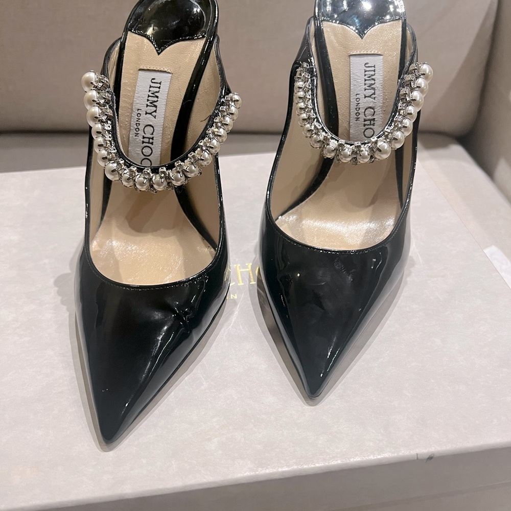 Jimmy Choo Bing 100mm Mules. Patent leather heels with crystal and pearl strap.